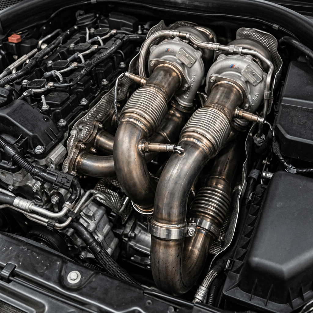Twin turbochargers with metal piping inside a high-performance car engine bay