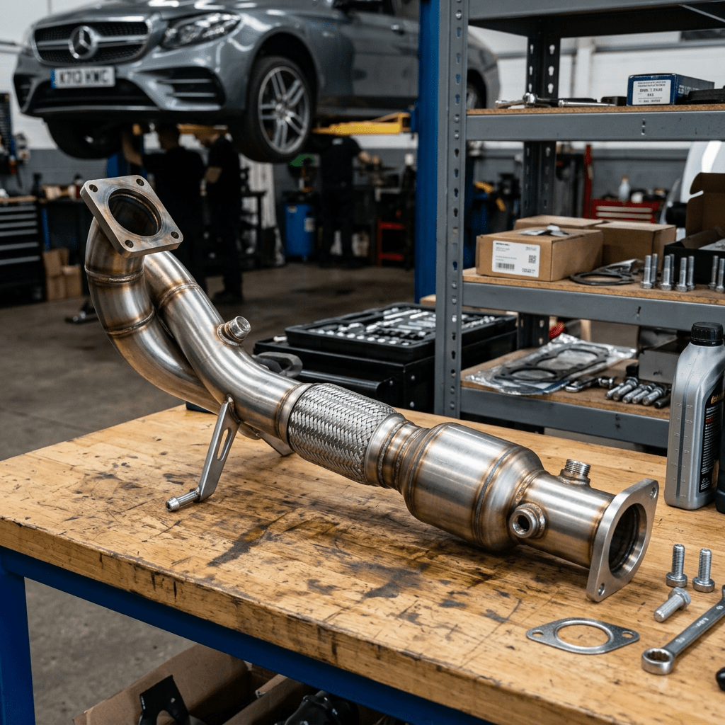 Stainless steel car exhaust pipe on workbench with tools and car in background