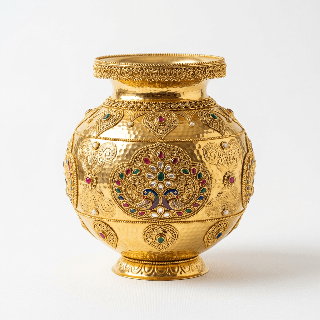Gold decorative pot with detailed filigree patterns and embedded gemstones