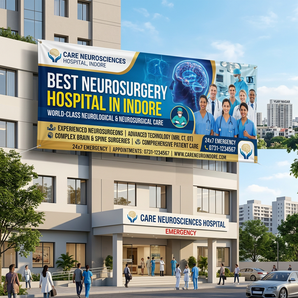 Banner promoting Care Neurosciences Hospital as best neurosurgery hospital in Indore with team of doctors