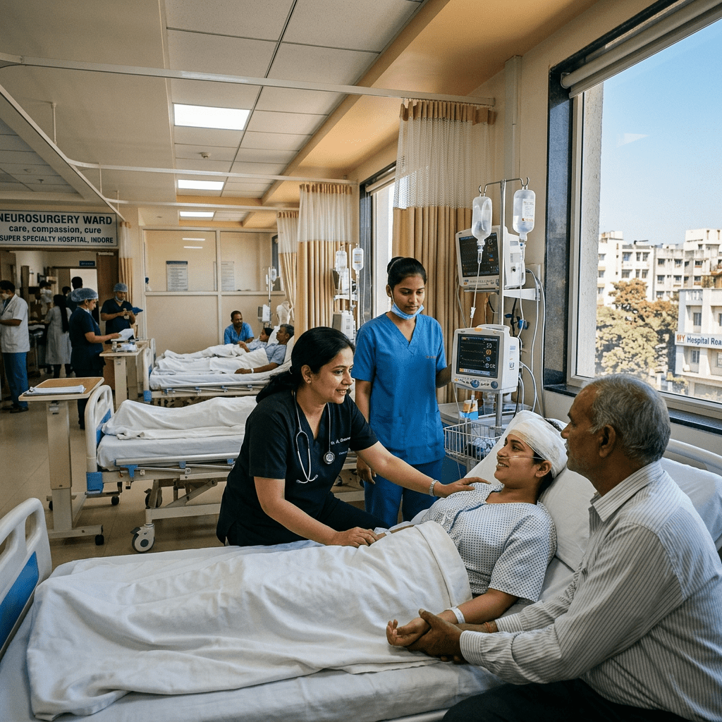 Nurse and doctor checking on a patient in hospital bed with family at neurosurgery ward