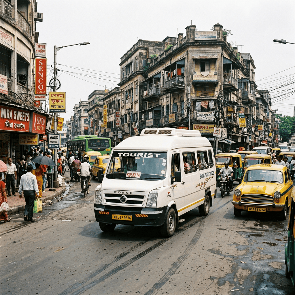 White tourist van and yellow taxis on a busy Kolkata street with pedestrians and old buildings