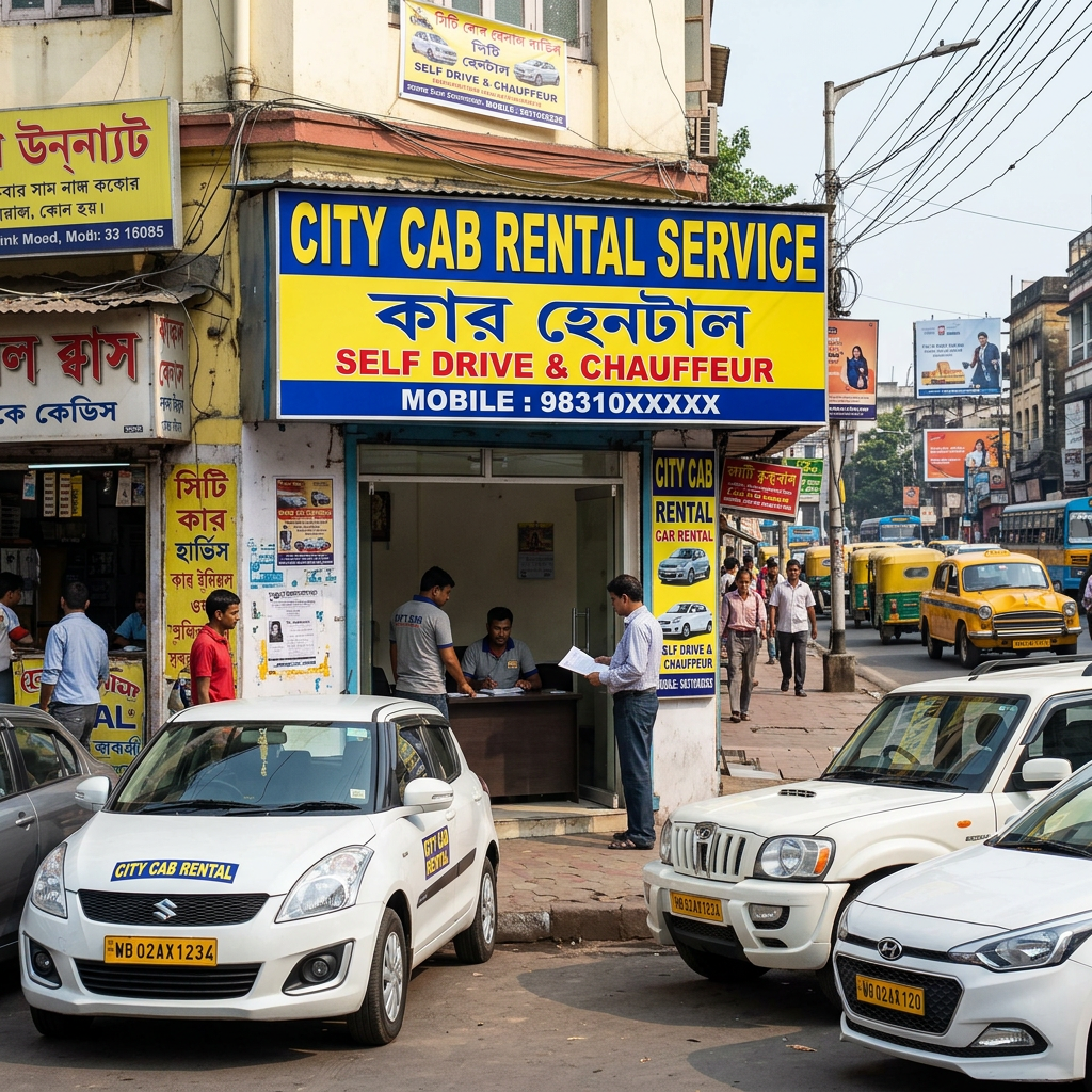 City cab rental service office with parked rental cars and people interacting outside.